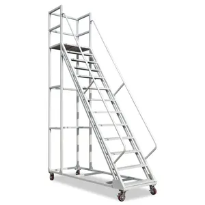 Warehouse Steel Safety Rolling Mobile Platform Ladder with Handrails