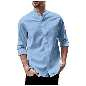 Camicia da <span class=keywords><strong>uomo</strong></span> in viscosa di <span class=keywords><strong>lino</strong></span> da <span class=keywords><strong>spiaggia</strong></span> a maniche lunghe camicie Casual estive abbottonate camicia con colletto a fascia con bottoni nascosti solidi - Product Image 5