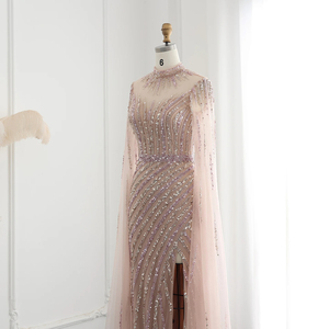 Robes de soirée sirène de luxe SZ174 style arabe avec fente, sans manches, motif 3D, plumes et plis - Product Image 4