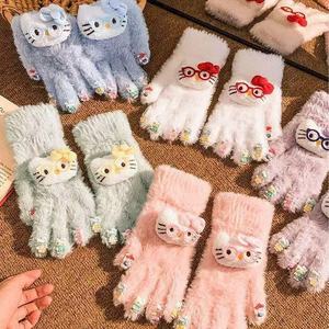 Mitaines en tricot douillettes pour femmes, motif KT mignon, en peluche, fil moelleux, épaisses, chaudes, résistantes au froid, pour l'extérieur - Product Image 5