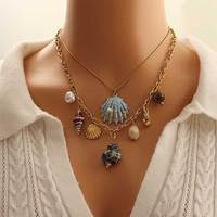 Collier tendance pour femme en acier inoxydable plaqué or PVD 18 carats avec pendentif cœur, coquillage, chaîne à maillons en céramique et imitation perle - Cadeau