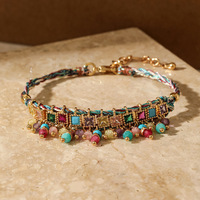 Bracelet bohème tressé à pampilles en pierres semi-précieuses, réglable, plaqué or 18 carats, avec perles grenat, turquoise et amazonite