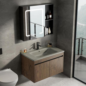Minimalist wall mounted ceramic integrated basin with <b>basket</b> for <b>large</b> <b>storage</b> bathroom cabinet - Product Image 1