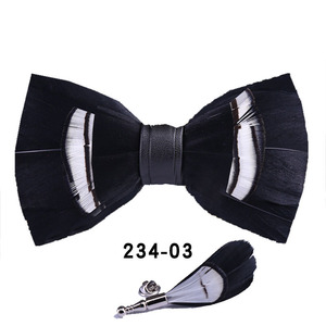 Papillon da <span class=keywords><strong>uomo</strong></span> fatto a mano in piuma naturale e pelle PU, pre-annodato, <span class=keywords><strong>con</strong></span> spilla coordinata, set <span class=keywords><strong>di</strong></span> accessori per abito formale da matrimonio - Product Image 3