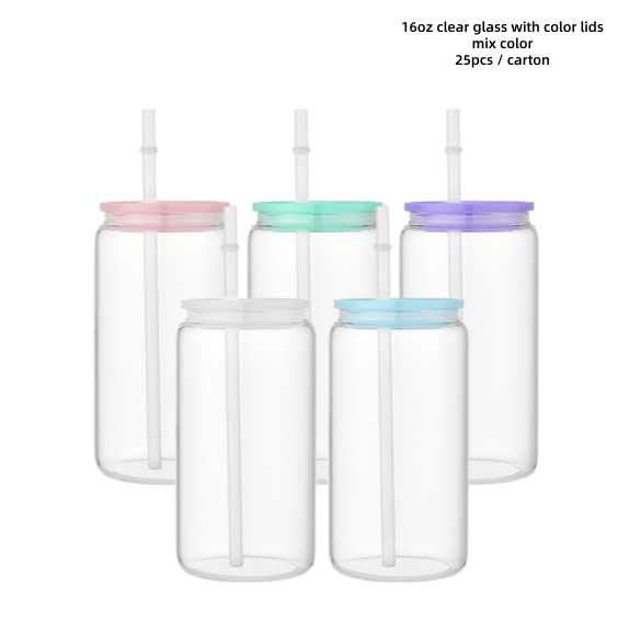 16oz vetro trasparente con coperchi di colore