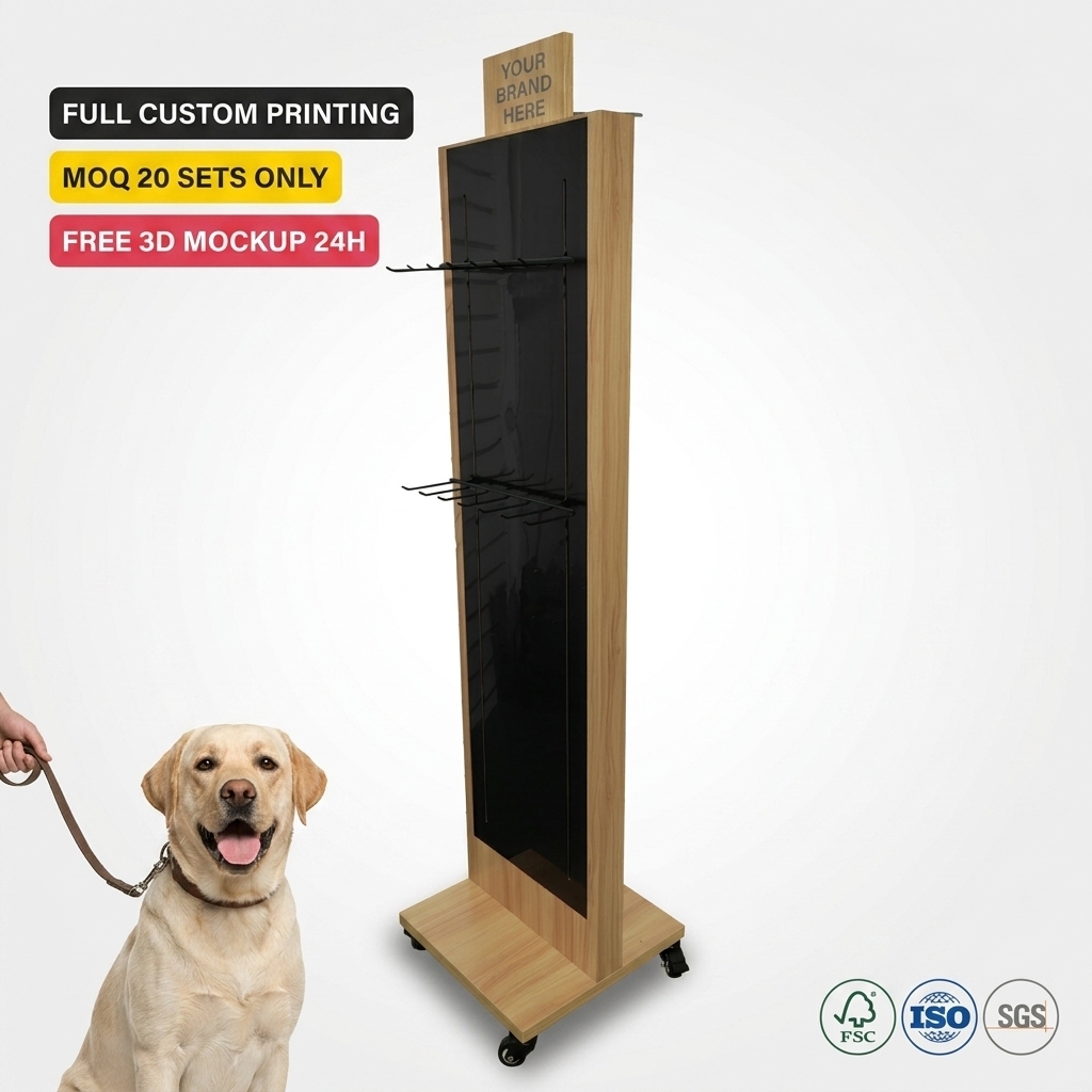 Custom Boutique Pet Leash & Collar Display Stand Luxury Wood Mobile Dog Harness Rack for Artisan Pet Shop Grooming Salon Fixture