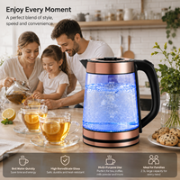 Bouilloire électrique en verre 2,2 L, prise UE, LED bleue, finition or rose, couvercle noir, poignée en C, moderne, fournisseur en gros de café, usine OEM