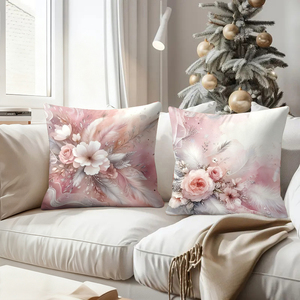 Almohadas decorativas con plumas florales rosas adornan la acogedora sala de estar con medias navideñas y astas de reno. - Product Image 4