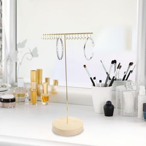 T Shape Golden Metal Multi Hook Jewelry Storage Stand Round Wood Base Desktop Necklace Earring Retail <b>Display</b> <b>Rack</b> - Product Image 1