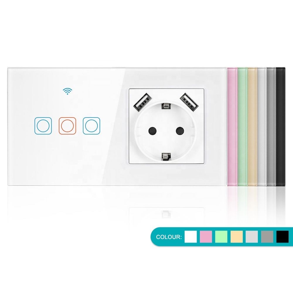 EU Standard Germany Usb Plug Socket Tempered Glass Panel AC220~250V 16A Touch Switch 3gang Wifi Switch