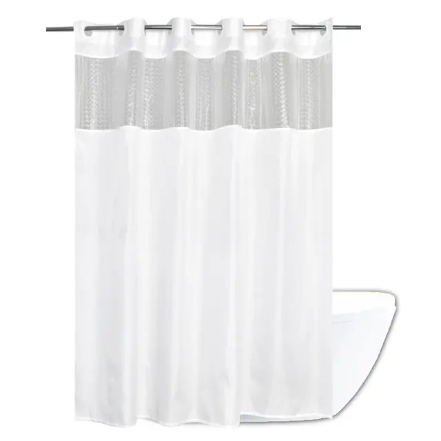 Plain Fabric Waterproof Polyester White Hookless Shower Curtain With 3D Half Transparent PEVA Window