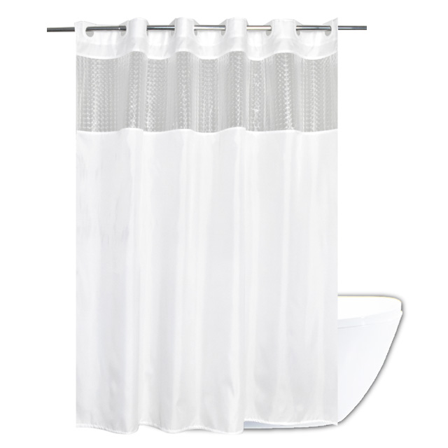 Đồng Bằng Vải Không Thấm Nước Polyester Trắng Hookless Rèm Tắm Với Cửa Sổ PEVA Nửa Trong Suốt 3D