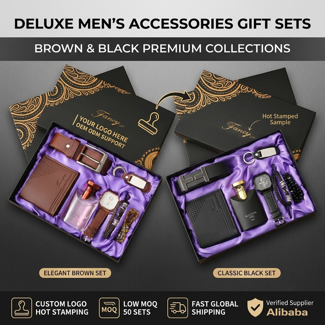 Deluxe Men's Gift Set Wallet Belt Watch Perfume Keychain Bracelet 6pcs Custom Logo Hot Stamping Business Corporate Gift Box