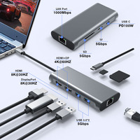 Station d'accueil USB C 8 en 1 avec 4K HDMI 100W PD USB 3.0 RJ45 Ethernet SD/TF Adaptateur de port de lecteur de carte Hub USB Type C