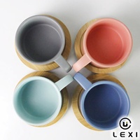Ensemble de tasses à latte et cappuccino en céramique mate pastel avec soucoupe en bambou, style nordique, large ouverture, logo personnalisé, vente en gros, mug à café, cadeau