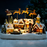 Animiertes LED-beleuchtetes Weihnachtsdorf mit beweglichem Weihnachtsmann-Schlitten und Rentieren, Tischdekoration aus Kunstharz für Zuhause und Feiertage