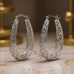 Eleganti orecchini a cerchio in argento 925 per donna, design classico in filigrana, tono oro bianco, gioielli da indossare tutti i giorni - Product Image 2