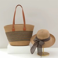 Ensemble Sac de Plage et Chapeau Tendance Nouvelle Mode – Sac Seau en Paille à Bandoulière avec Fermeture Éclair pour Femme – Sacs de Voyage et de Plage