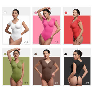 Hexin Atacado Seamless v Neck Body Shaper Femme Tummy Control Shapewear para Mulheres Shapewear <span class=keywords><strong>Bodysuit</strong></span> Com Manga Curta - Product Image 4
