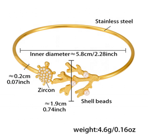 High-End Sieraden Roestvrij Staal Koraal Shell Kraal Open Armband 18K Verguld Mode Veelzijdige Hart Ster 5a Zirkoon Armband - Product Image 5