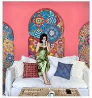 Papier peint mural personnalisé en tissu, motif géométrique d'arche marocaine islamique, couleur pêche chaude, pour chambre d'hôtes et salon