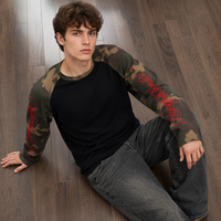 T-shirt thermique à manches longues en tricot gaufré, motif camouflage, manches raglan, broderie rouge, col rond, style streetwear