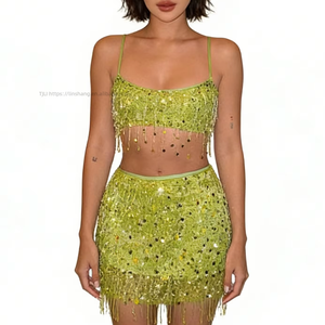 Women's Casual Solid 2-Piece Sequin Fringe Set Spaghetti <b>Strap</b> Crop Top & Above <b>Knee</b> Mini Skirt for Party & Evening Wear - Product Image 2