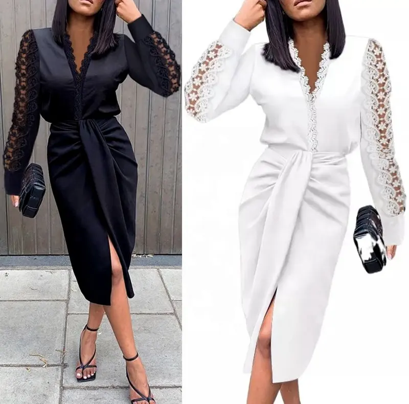 Y208120 Women Lace Long Sleeve V-neck Dress Europe Spring Solid Color Causal Lady Elegant Pencil Party Long Dress