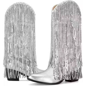 Women's Western Silver Metal Cowboy Style Pointed Side <b>Zipper</b> Chunky Heel Mid Calf <b>Boots</b> - Product Image 6