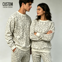 Ensemble survêtement décontracté unisexe personnalisé de haute qualité avec broderie imprimée léopard, sweat-shirt à col rond en coton surdimensionné et pantalon de survêtement pour hommes et femmes