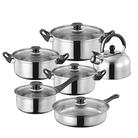 Ensemble de Batterie de Cuisine Moderne 12 Pièces en Acier Inoxydable avec Poignée Combinée en Bakélite et Couvercle en Verre pour Restaurants