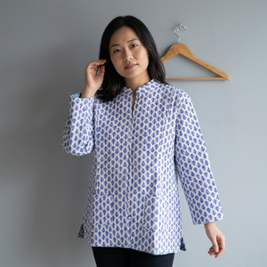 Women's Cotton <b>Mandarin</b> <b>Collar</b> <b>Jacket</b> Three Quarter Lantern Sleeve Printed Geometric Pattern Summer Breathable Prairie gift - Product Image 1