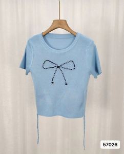 Top de Manga Corta de Seda Helada 2026 con Lazo y Cuello Redondo, Camiseta de Punto para Mujer - Product Image 5