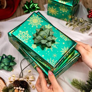 Burymento Christmas Wrapping <b>Paper</b> Green Gold Foil Snowflake 17 In X 32.8 Ft <b>Roll</b> Gift Craft Recyclable - Product Image 3