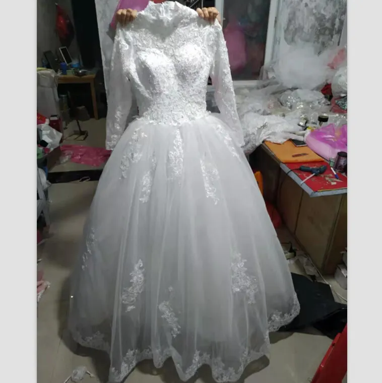 Anpassen Reinem Weiß Arabischen Langarm Saudi Arabischen Brautkleid High Neck Muslimischen Braut Hochzeit Kleid