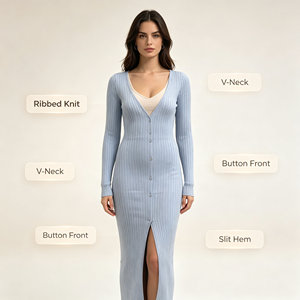 Aries Maxi: Abito in Maglia a Costine <span class=keywords><strong>Blu</strong></span> <span class=keywords><strong>con</strong></span> <span class=keywords><strong>Spacco</strong></span>, Manica Lunga, Personalizzabile OEM & ODM, Alta Qualità, per Donna - Vendita all'Ingrosso - Product Image 2