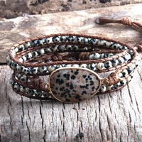 Gelang Manik-Manik Buatan Tangan Wanita, Perhiasan Batu Alam 3 Untai Amazonite Pink Quartz, Gelang Kulit Lilit
