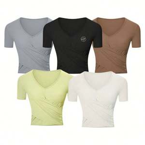Venta al por mayor verano camiseta moda Streetwear deporte entrenamiento acanalado cuello en V camiseta mujer Fitness Cross Crop Top moda camisetas - Product Image 1
