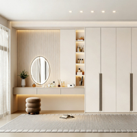 Armoire moderne minimaliste en contreplaqué avec longues poignées métalliques et évier, placard en bois personnalisable style crème pour rangement de chambre