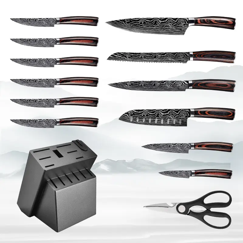 Хиты продаж Damascus14 16 шт. японский нож для кухонных керамических ножей набор кухонных ножей с деревянный блок/овощные ножи нож шеф-повара набор с ножницами