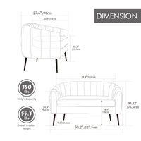 Canapé convertible en chenille en forme de L de 50,2 pouces de large, avec pieds en métal, capitonné, 2 places, moderne et écologique pour salons