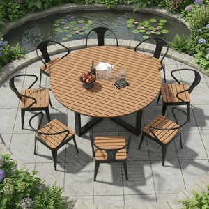 Set <span class=keywords><strong>da</strong></span> Pranzo <span class=keywords><strong>da</strong></span> Esterno Moderno in 9 Pezzi, Tavolo e 8 Sedie in Alluminio, Plastica e Legno Impermeabile per Hotel e Patio - Product Image 4