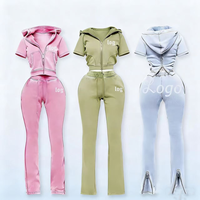 Ensemble 2 pièces pour femme style urbain 2026 : Veste zippée à manches courtes avec surpiqûres contrastées et pantalon évasé délavé à l'acide