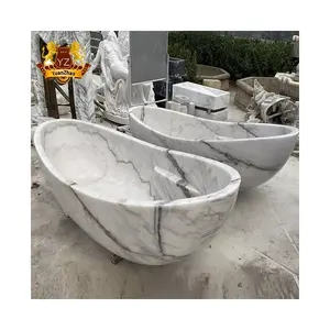 Banheira de mármore branco maciço Bali Luxo Banheira de pedra redonda de grandes dimensões Carrara Banheira de banheiro autônoma de mármore Preço