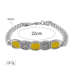 Vintage Women's Stainless Steel Amber <b>Bangle</b> Geometric Pattern Bezel Setting Cuban style <b>Bracelet</b> Antique <b>Silver</b> Plated - Product Image 3