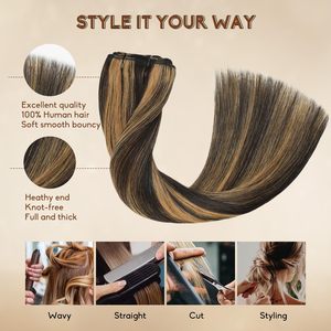 Extensiones de Cabello Humano Remy <span class=keywords><strong>con</strong></span> Clip, 20 Pulgadas, 8 Piezas, 100g, Doble Trama, Sin Costuras, <span class=keywords><strong>Balayage</strong></span> Marrón Oscuro <span class=keywords><strong>con</strong></span> Reflejos <span class=keywords><strong>Castaño</strong></span>, Invisibles - Product Image 5