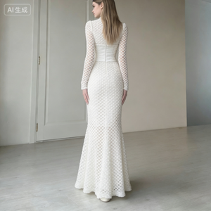 Robes maxi élégantes pour femmes, silhouette sirène ajustée, dentelle à lacets, dentelle à treillis, perles ornées, manches longues, col en cœur - Product Image 3