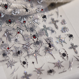 Adesivi per unghie di Halloween con croce scura ragnatela rosa cristallo di diamante stile gotico bianco nero argento decalcomanie Manicure adesivo 3D - Product Image 5