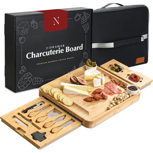Tabla de charcutería de bambú con 2 cajones, juego de quesos con cuchillos y recipientes para servir en fiestas - Product Image 1