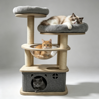 Arbre à chat multi-niveaux en bois massif RusticHaus avec maisonnette en feutre, bol en acrylique transparent, poteaux en sisal, perchoirs rembourrés et carton